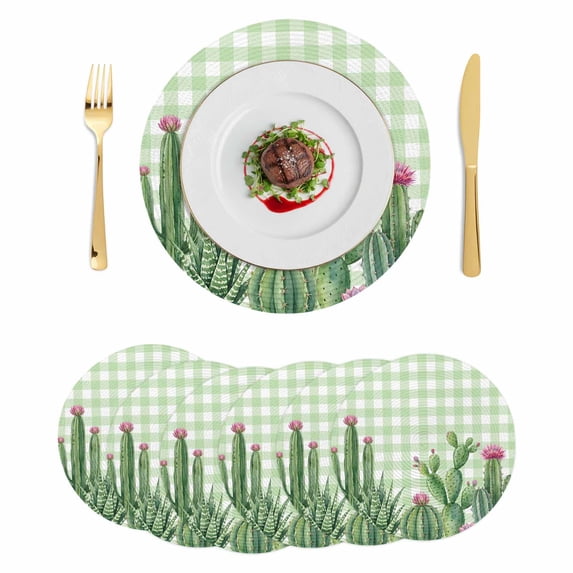 Green Cactus Tropical Round 13 Inch Placemats Set of 6, Sage Green Buffalo Plaid Summer HeatResistant Non Slip Place Mats for Dining Table, Wipeable Braided Kitchen Table Mats for Housewarming
