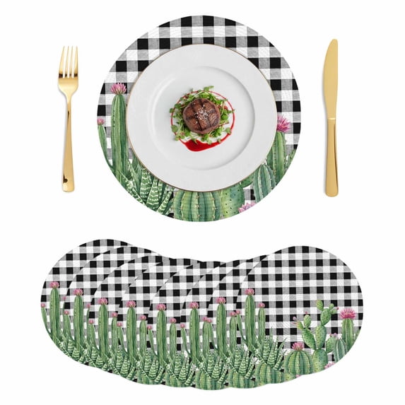 Green Cactus Tropical Round 13 Inch Placemats Set of 8, Black White Buffalo Plaid Summer HeatResistant Non Slip Place Mats for Dining Table, Wipeable Braided Kitchen Table Mats for Housewarming