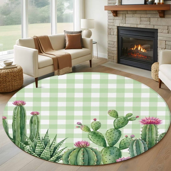 Green Cactus Tropical Round Area Rug 6Ft Washable Circle Rugs for Bathroom Office, Sage Green Buffalo Plaid Summer Non-Slip Carpet Floor Mats Indoor Outdoor Carpet Runner Aesthetic Home Decor