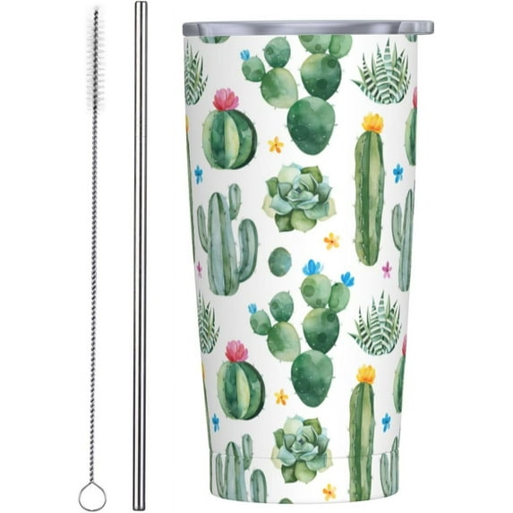 Green Cactus Tumbler Succulents Stainless Steel Insulated Tumblers with Lid Straw Reusable Tropical Plant Coffee Travel Mug Tea Drinking Wine Smoothie Cups Gifts for Women 20 Oz