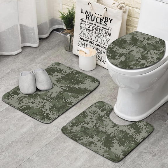 Green Camo Digital Pixel Pattern Bathroom Rugs Sets 3 Piece,Toilet Cover Set,Absorbent Non Slip Bathroom Mats Sets with U-Shaped Contour Rug Toilet Rug Set