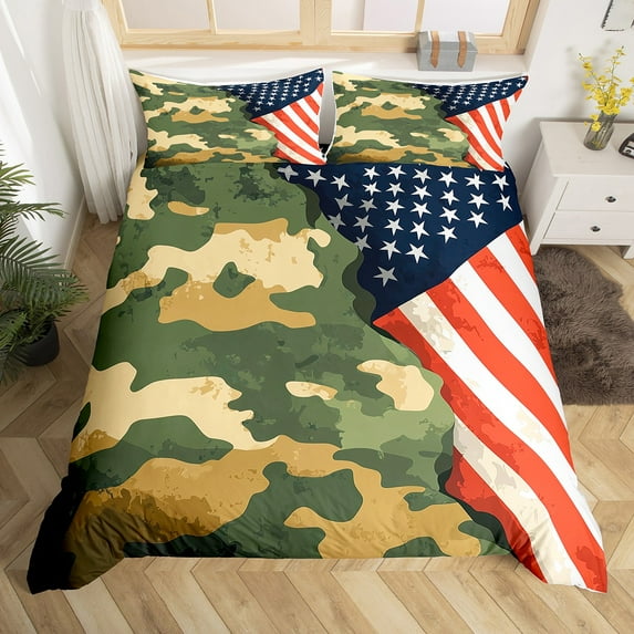Green Camo Duvet Cover Queen Size,Army Camouflage Bedding Set,American Flag Quilt Cover,Abstract Art Bed Sets with 2 Pillowcases for Bedroom(No Comforter)