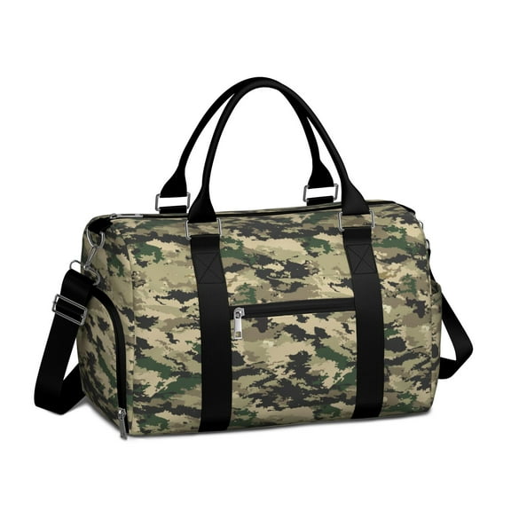 Green Camo Mens Gym Tote Duffle Bag with Wet Pocket & Shoe Compartment, Travel Duffel Bag Overnight Weekender Hospital Tote Girls Workout Carry on Bag with Luggage Sleeve
