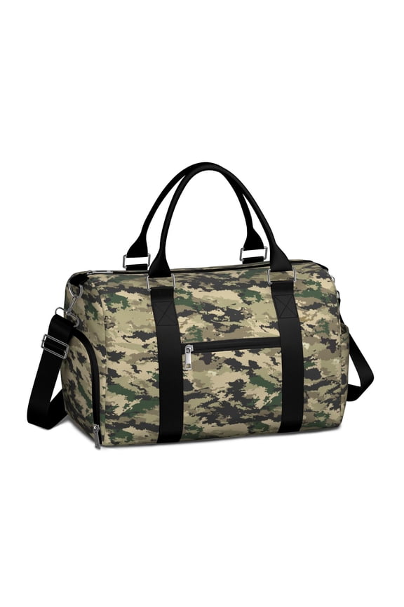 Green Camo Mens Gym Tote Duffle Bag with Wet Pocket & Shoe Compartment, Travel Duffel Bag Overnight Weekender Hospital Tote Girls Workout Carry on Bag with Luggage Sleeve