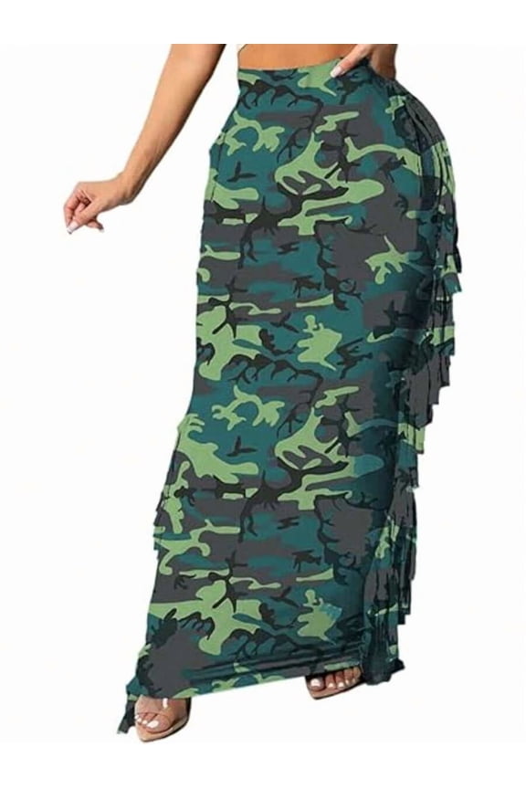 Green Camo Print Side Fringe Maxi Skirt Casual Bodycon Fit
