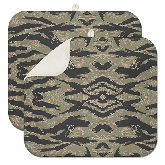 Green Camo Tiger Stripe Pattern Dish Drying Mat for Kitchen 1 Pack, Ultra Absorbent Microfiber Dishes Drainer Mats,16"x18"