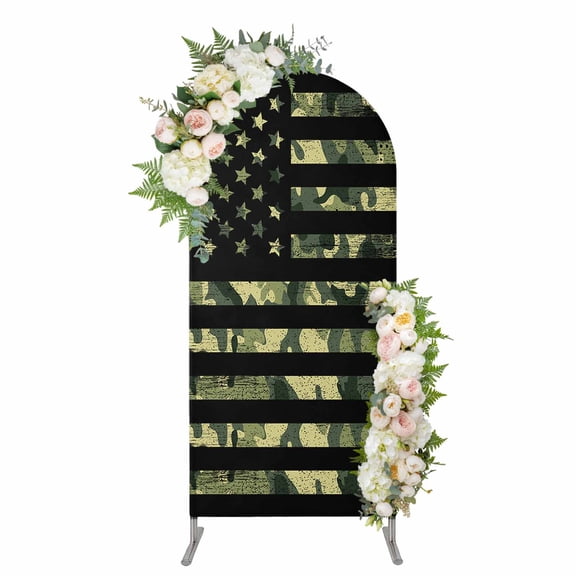 Green Camouflage American Flag Arch Backdrop Cover 4FT, Wooden Grain Spandex Fitted Stretchy Arch Stand Covers, Round Top Chiara Backdrop Cover for Wedding Party Birthday Baby Shower