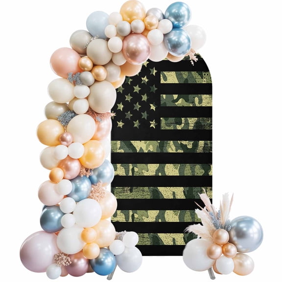 Green Camouflage American Flag Arch Backdrop Cover, Spandex Fitted Wedding Arch Cover, Wooden Grain Round Top Stand Covers for Birthday Ceremony Bridal Shower Party Decor 7.2x4 Ft