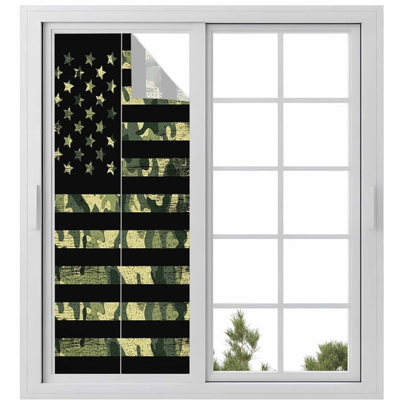 Green Camouflage American Flag Privacy Window Film, Decorative Frosted Glass Window Film, Wooden Grain Reusable Peel and Stick Static Cling for Home Bathroom Office Glass Door 29.5"x78.7"