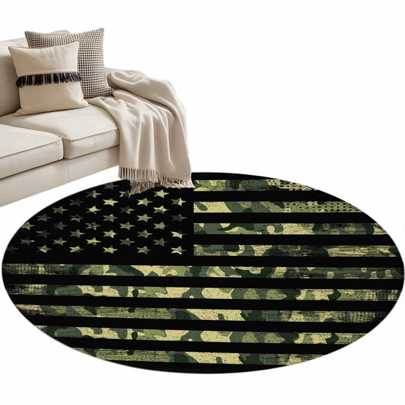 Green Camouflage American Flag Round Area Rug 4ft, Wooden Grain Washable Non-Slip Circle Rugs for Bedroom Living Room Kitchen, Soft Non Shedding Circle Carpet for Dining Room Dorm