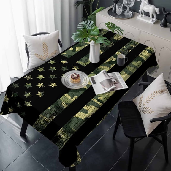 Green Camouflage American Flag Table Cloth Waterproof Tablecloths, Wooden Grain Tablecloth Dining Table Cover for Kitchen Party Tabletop Outdoor, Rectangle Tablecloth 54x108 Inch