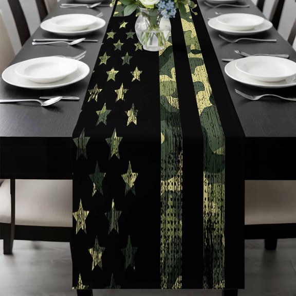 Green Camouflage American Flag Table Runner 36 Inches Long, Wooden Grain Kitchen Coffee Dining Table Decoration for Home Party Birthday Wedding Home Decor 13x36 Inches