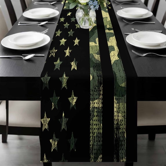 Green Camouflage American Flag Table Runner 72 Inches Long, Wooden Grain Kitchen Coffee Dining Table Decoration for Home Party Birthday Wedding Home Decor 18x72 Inches