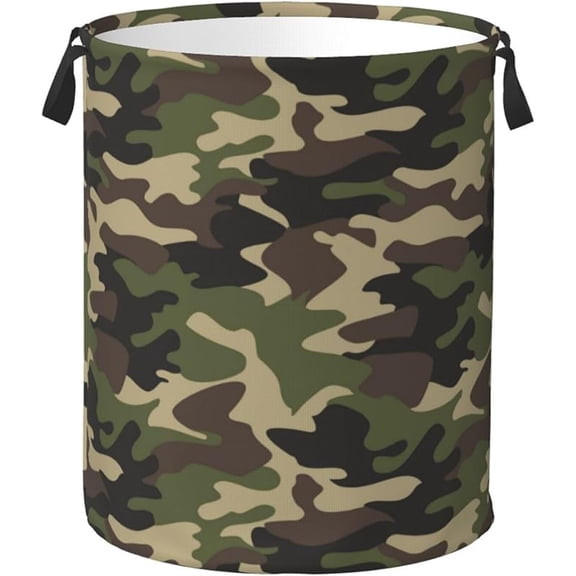 Green Camouflage Laundry Hamper Bag With Waterproof Liner - Military Camo Round Laundry Basket Foldable Clothes Storage Organizer For Bathroom Bedroom Nursery Dorm