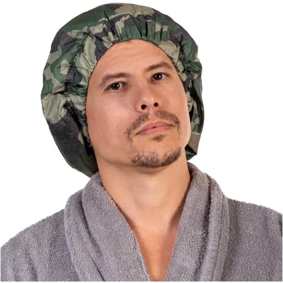 Green Camouflage Men Shower Cap For dreadlocks, braids, curls, , curly hair. , , Large shower cap for mens hair. Terry cloth lined, elevated, sleek looking shower caps