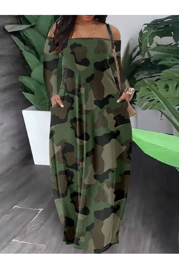 Green Camouflage Print Off-Shoulder Long Sleeve Maxi Dress For Women Casual Relaxed Fit