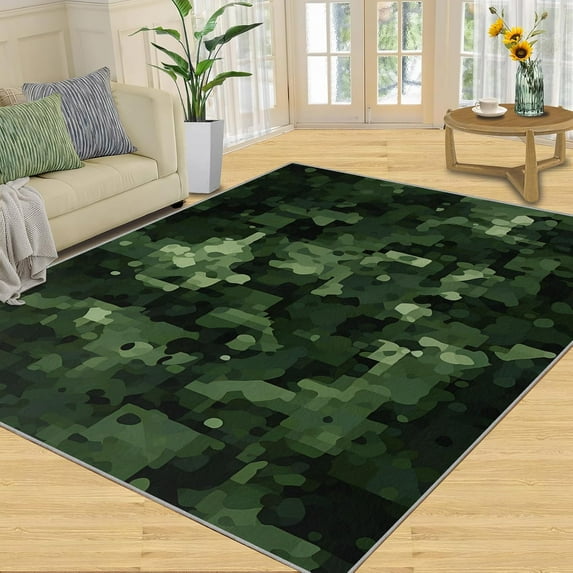 Green Camouflage Rug, Military Green Area Rug - Non-Slip Washable Rugs for Living Room, Camo Mosaic Indoor Carpet for Dining Room - Military Decor 3x4ft