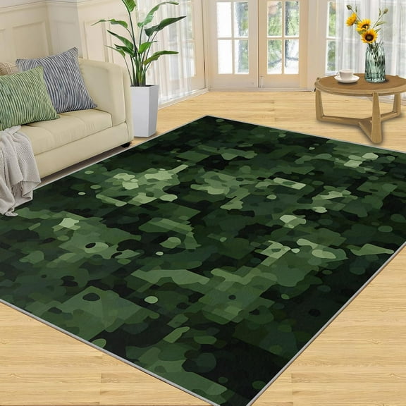 Green Camouflage Rug, Military Green Area Rug - Non-Slip Washable Rugs for Living Room, Camo Mosaic Indoor Carpet for Dining Room - Military Decor 4x5ft