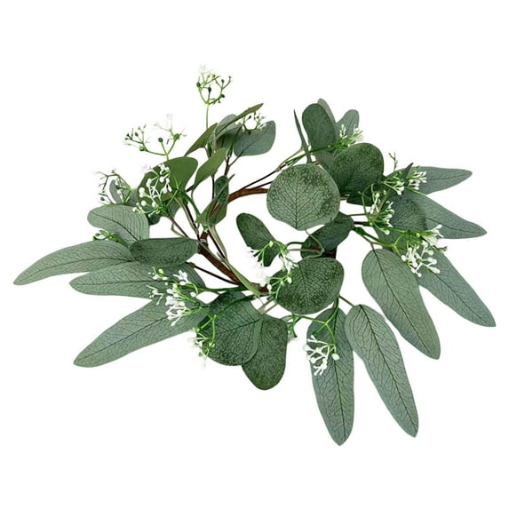Green Candle Ring Wreath with Leaves, 4 Inch Center Artificial Eucalyptus Leaves Wreaths, Spring Greenery Garland Pillar Holder for Home Wedding Party Table Centerpiece