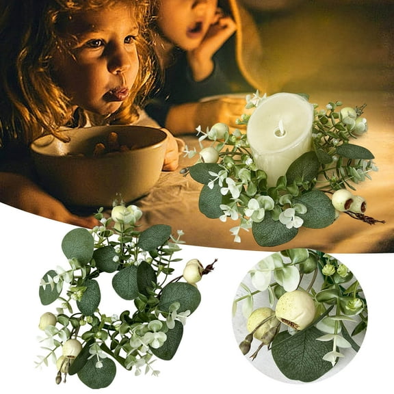 Green Candle Ring Wreath with Leaves, Spring Greenery Garland for Pillar Candle, Home Wedding Party Table Centerpiece