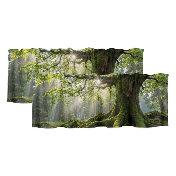 Green Canopy 2 Panels Kitchen Valance, Country Rustic Green Forest Tree Leaf Sunshine Landscape Curtains Valances for Small Windows Rod Pocket Window Treatments for Living Room Bedroom 60"W x 18"L