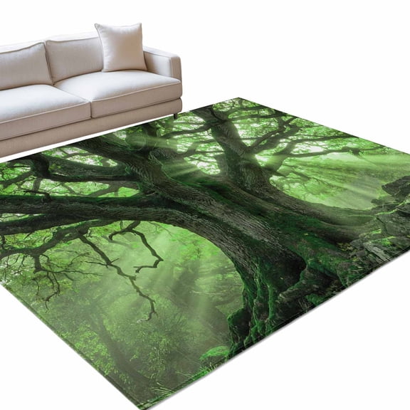 Green Canopy 6x9ft Non Slip Area Rug Country Rustic Forest Tree Leaf Sunshine Landscape Washable Soft Area Rugs for Living Room, Indoor Circle Carpet for Bedroom Dining Room Kitchen