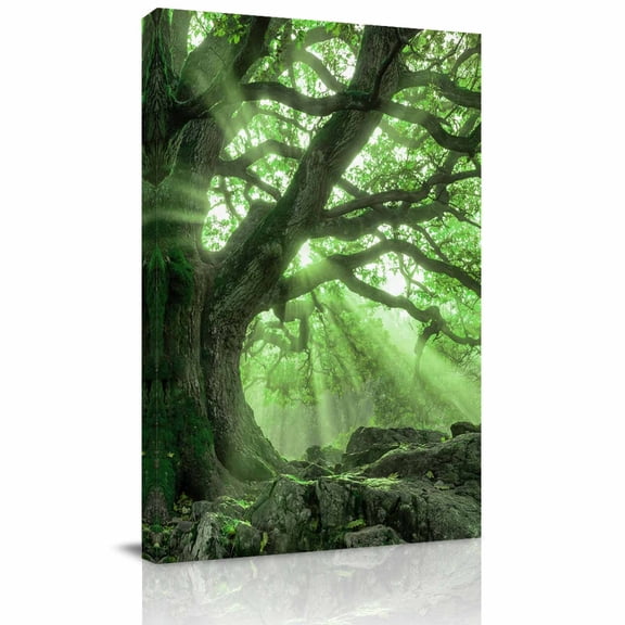 Green Canopy Canvas Wall Art for Living Room, Country Rustic Forest Tree Leaf Sunshine Landscape Wall Decor Framed Artwork Pictures Ready to Hang for Bedroom Office Home Decor