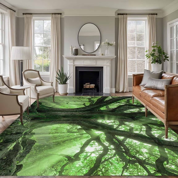 Green Canopy Country Rustic Forest Tree Leaf Sunshine Landscape , Soft Non Slip Rugs Stain Repellent Indoor Felt Carpet for Living Dining Room Bedroom Home Office