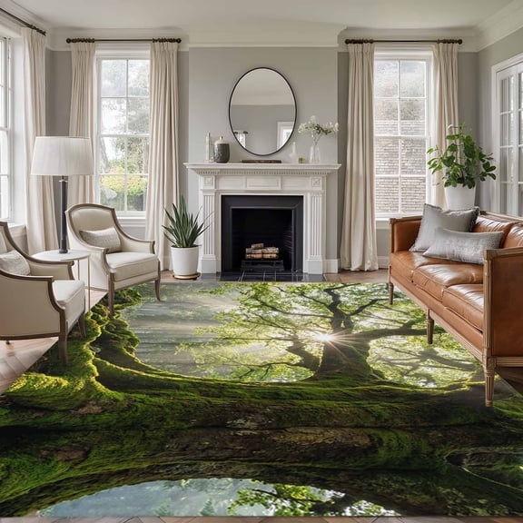 Green Canopy Country Rustic Green Forest Tree Leaf Sunshine Landscape , Soft Non Slip Rugs Stain Repellent Indoor Felt Carpet for Living Dining Room Bedroom Home Office
