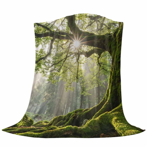 Green Canopy Fleece Throw Blanket Country Rustic Green Forest Tree Leaf Sunshine Landscape Ultra Soft Fuzzy Cozy Flannel Throw Blanket for Couch Sofa Bed Car Travel, Ideal Gifts 40x50 Inches