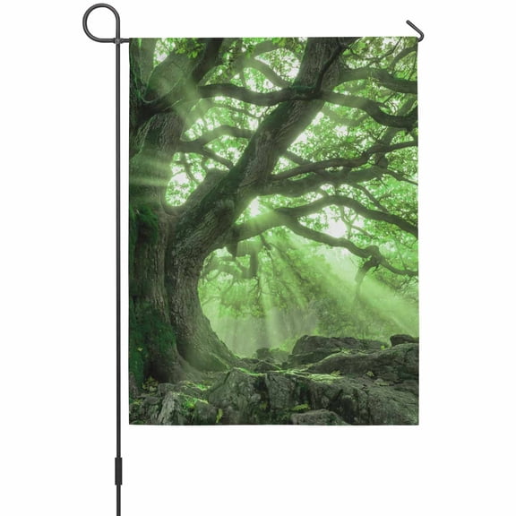 Green Canopy House Flag 28 x 40 Inches, Country Rustic Forest Tree Leaf Sunshine Landscape Weather Proof Outdoor Patio Flags Double Sided Small House Decoration for Yard Lawn Outside Home