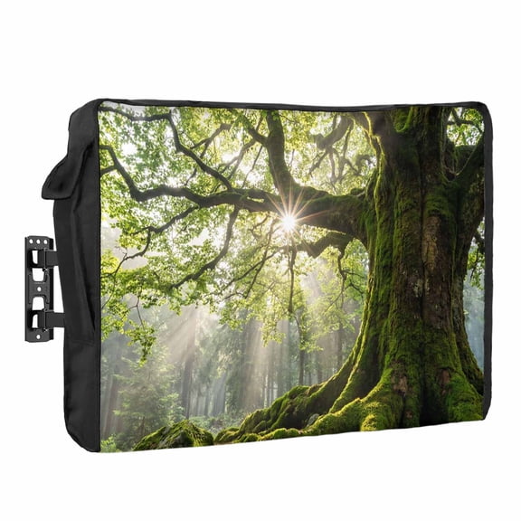 Green Canopy Outdoor TV Cover 40 to 43 inch Weatherproof Waterproof, Country Rustic Green Forest Tree Leaf Sunshine Landscape TV Enclosures with Remote Control Pocket Outside Flat Screen Protector