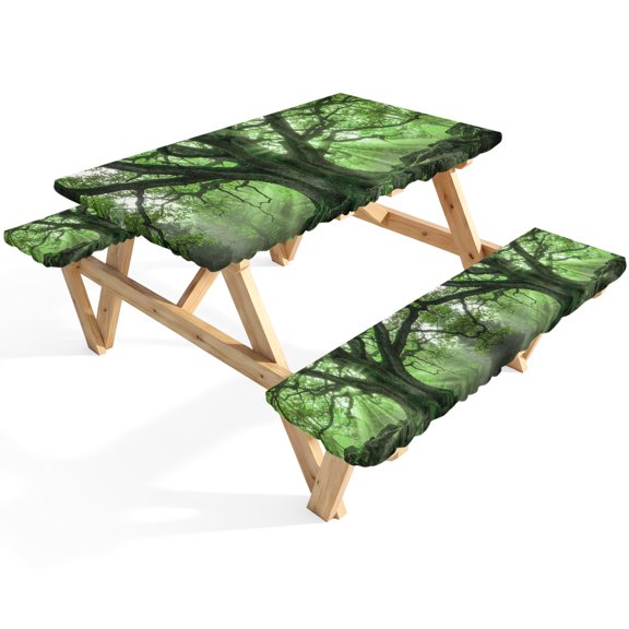 Green Canopy Picnic Table Cover with Bench Covers Country Rustic Forest Tree Leaf Sunshine Landscape Waterproof Fitted Picnic Tablecloth 3 Pieces Set Table Cloth for Outdoor Camping Garden BBQ