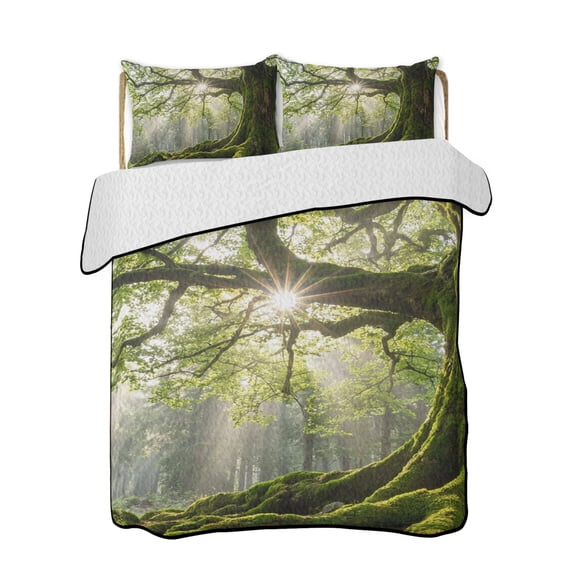 Green Canopy Quilts Bedding Set California King Country Rustic Green Forest Tree Leaf Sunshine Landscape Lightweight Quilted Bedspread 3 Piece Bed Quilt with 2 Pillow Shams for Bedroom 96" x 106"