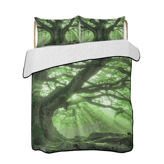 Green Canopy Quilts Bedding Set Twin Size Country Rustic Forest Tree Leaf Sunshine Landscape Lightweight Quilted Bedspread 3 Piece Bed Quilt with 2 Pillow Shams All Season for Bedroom 68" x 86"