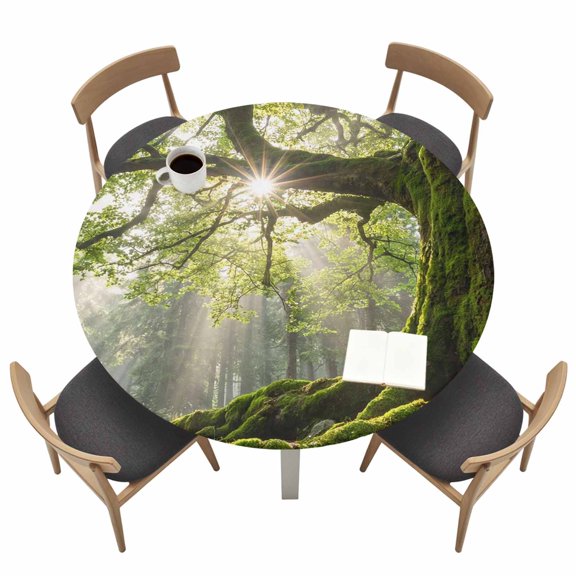 Green Canopy Round Fitted Table Cover Country Rustic Green Forest Tree Leaf Sunshine Landscape Waterproof Table Cloth with Elastic Edge Wipeable Tablecloth for Picnic Camping Fits 36"-44" Tables