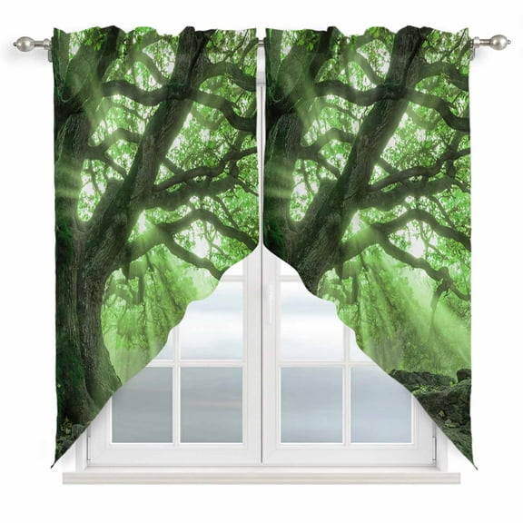 Green Canopy Swag Curtain Valance for Window 2 Panels Country Rustic Forest Tree Leaf Sunshine Landscape Rod Pocket Small Window Swag Valances for Kitchen Bedroom Bathroom 36" W x 36" L