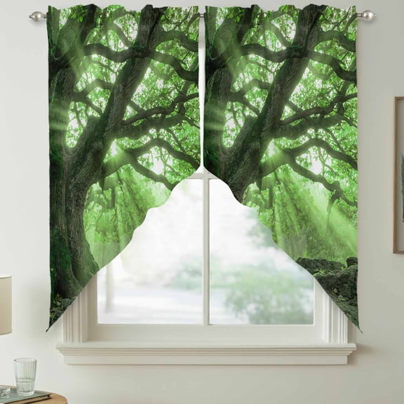Green Canopy Swag Kitchen Curtain Valances, Country Rustic Forest Tree Leaf Sunshine Landscape Rod Pocket Curtains Window Treatment Decor Valances for Bedroom Bathroom, 2 Panels 36 x 36 Inch