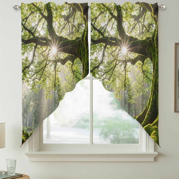 Green Canopy Swag Kitchen Curtain Valances, Country Rustic Green Forest Tree Leaf Sunshine Landscape Rod Pocket Curtains Window Treatment Decor Valances for Bedroom Bathroom, 2 Panels 36 x 36 Inch