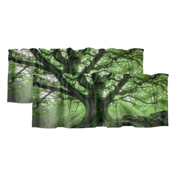 Green Canopy Valances for Window 2 Pack, Country Rustic Forest Tree Leaf Sunshine Landscape Rod Pocket Curtains Valances Light Filtering Short Curtains for Kitchen Bedroom Bathroom 42 x 12 Inch