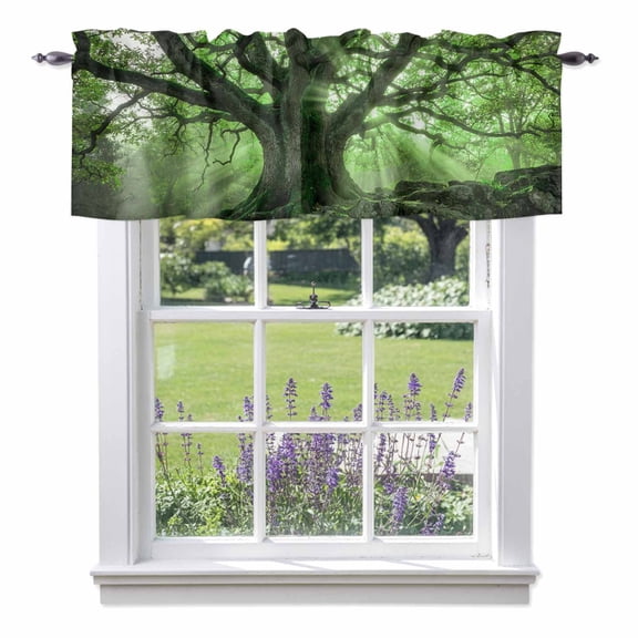 Green Canopy Valances for Windows, Country Rustic Forest Tree Leaf Sunshine Landscape Rod Pocket Valance Short Window Treatments Curtains for Kitchen Bathroom Bedroom Decor, 54 x 18 Inches