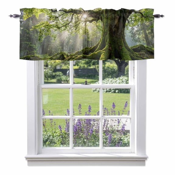 Green Canopy Valances for Windows, Country Rustic Green Forest Tree Leaf Sunshine Landscape Rod Pocket Valance Short Window Treatments Curtains for Kitchen Bathroom Bedroom Decor, 60 x 18 Inches