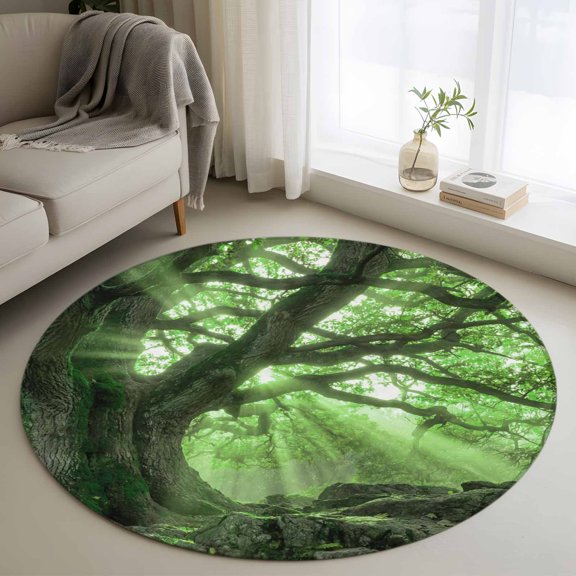 Green Canopy Washable Round Area Rug 3 ft, Country Rustic Forest Tree Leaf Sunshine Landscape , Soft Non Slip Rugs Stain Repellent Indoor Felt Carpet for Living Dining Room Bedroom Home Office