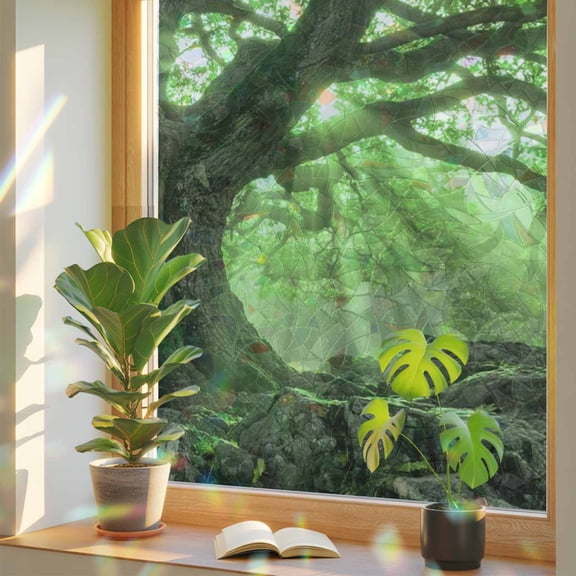 Green Canopy Window Privacy Film, Country Rustic Forest Tree Leaf Sunshine Landscape Stained Glass Rainbow Film Decorative Window Clings, Static Cling Sun Blocking Stickers 23.6" x 59"