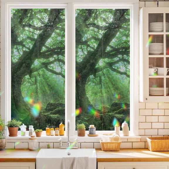 Green Canopy Window Privacy Film Country Rustic Forest Tree Leaf Sunshine Landscape Static Cling Stained Glass Window Film Non-Adhesive Decorative Decals Rainbow Sticker 17.7"X39.3"