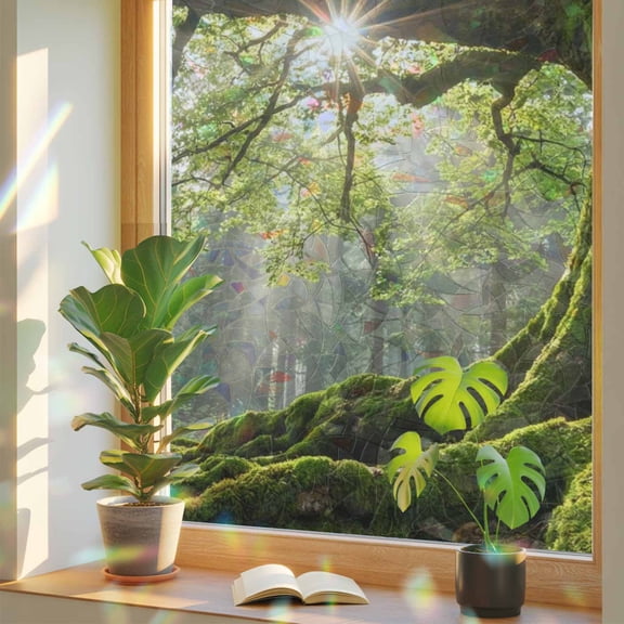 Green Canopy Window Privacy Film, Country Rustic Green Forest Tree Leaf Sunshine Landscape Stained Glass Rainbow Film Decorative Window Clings, Static Cling Sun Blocking Stickers 23.6" x 59"