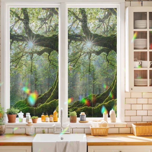 Green Canopy Window Privacy Film Country Rustic Green Forest Tree Leaf Sunshine Landscape Static Cling Stained Glass Window Film Non-Adhesive Decorative Decals Rainbow Sticker 17.7"X39.3"