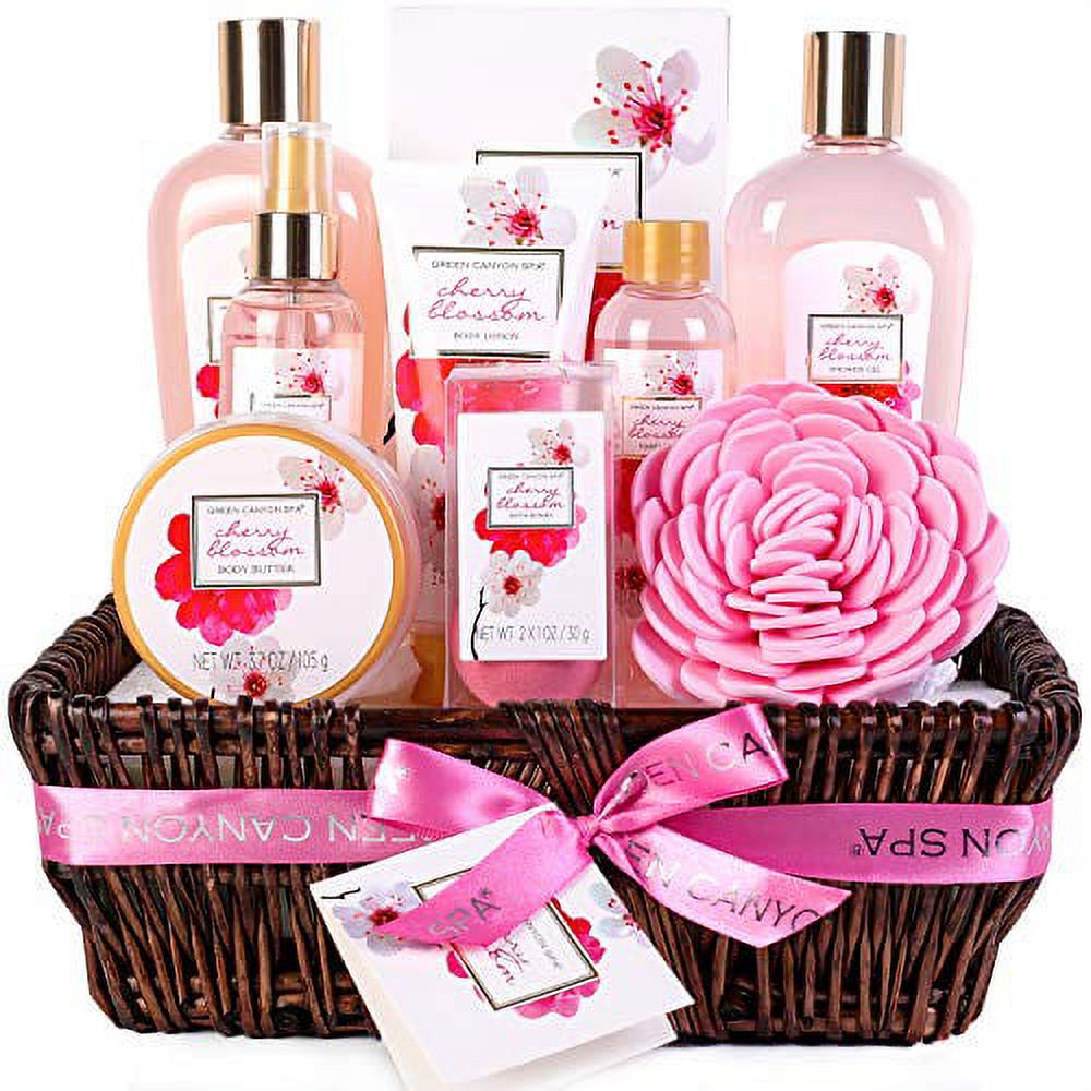 Green Canyon Spa Gift Baskets for Women Birthday Gift Sets 10 Pcs Cherry Blossom Essential Oil Spa Gift Sets with Handmade Weaved Basket