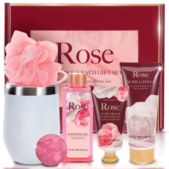 Green Canyon Spa Valentines Day Gift Sets for Women, 6Pcs Rose Bath Kits with Tumbler, Birthday Box Gifts for Her