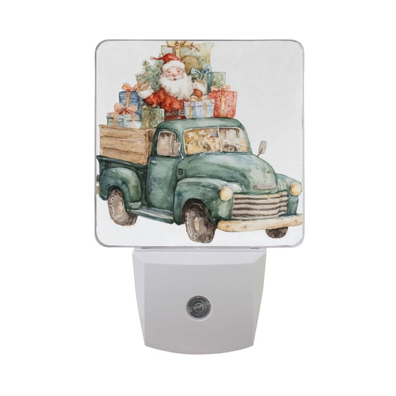 Green Car Santa and Gift Christmas Tree LED Night Light Sensor Lamp Plug-in Adjustable Brightness 2 Pack
